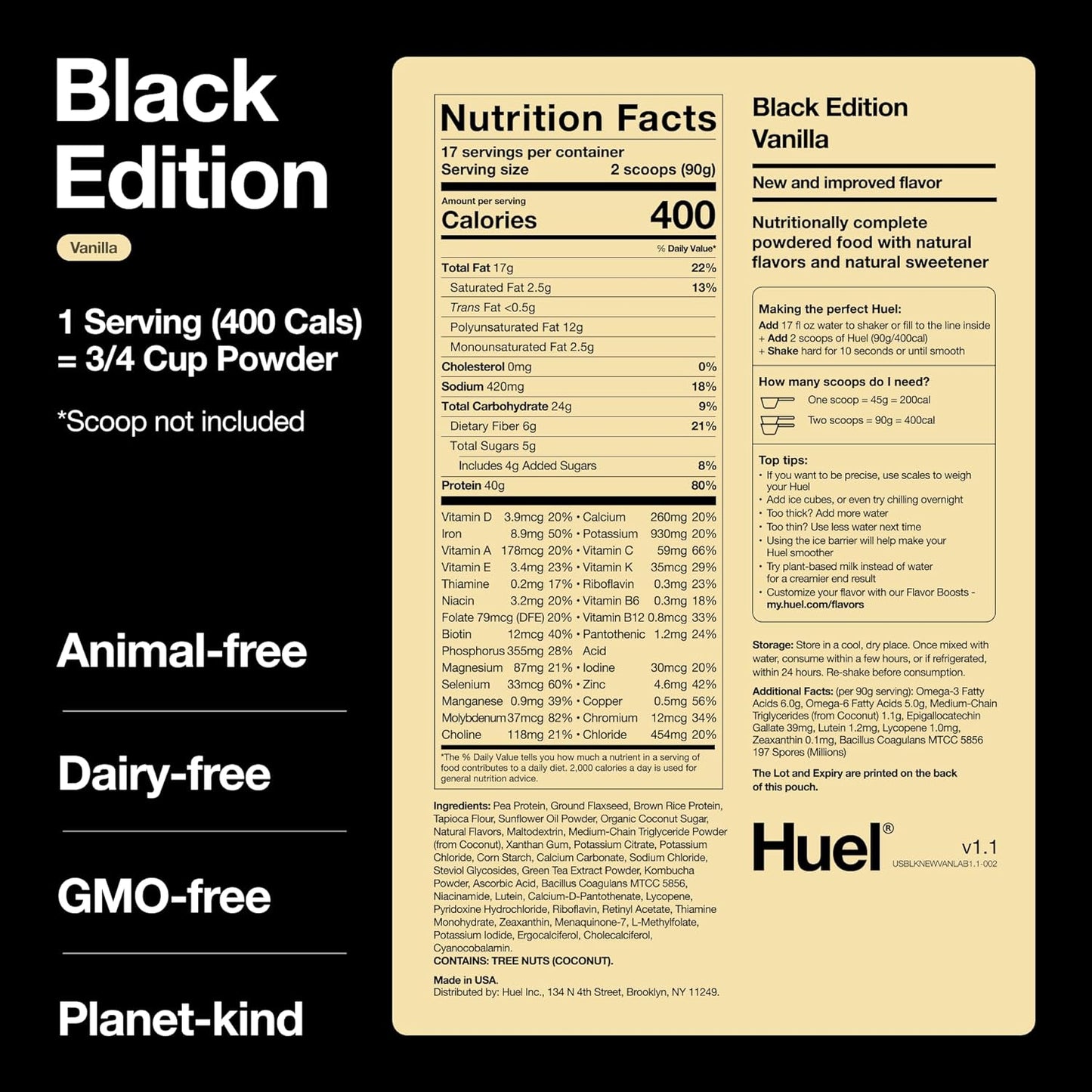 Black Edition | Vanilla 40G Vegan Protein Powder | Nutritionally Complete Meal | 27 Vitamins and Minerals, Gluten Free | 17 Servings | Scoop Not Included to Reduce Plastic