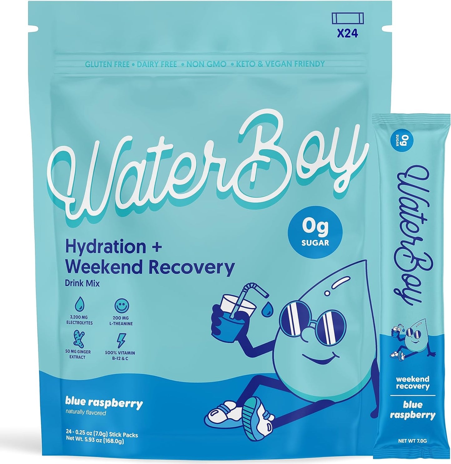 Weekend Recovery | 3,200Mg Electrolyte Powder Packets | Ginger + L-Theanine + Vitamins | No Sugar, All Natural, Gluten Free | 24 Drink Stick Mixes (Blue Raspberry)