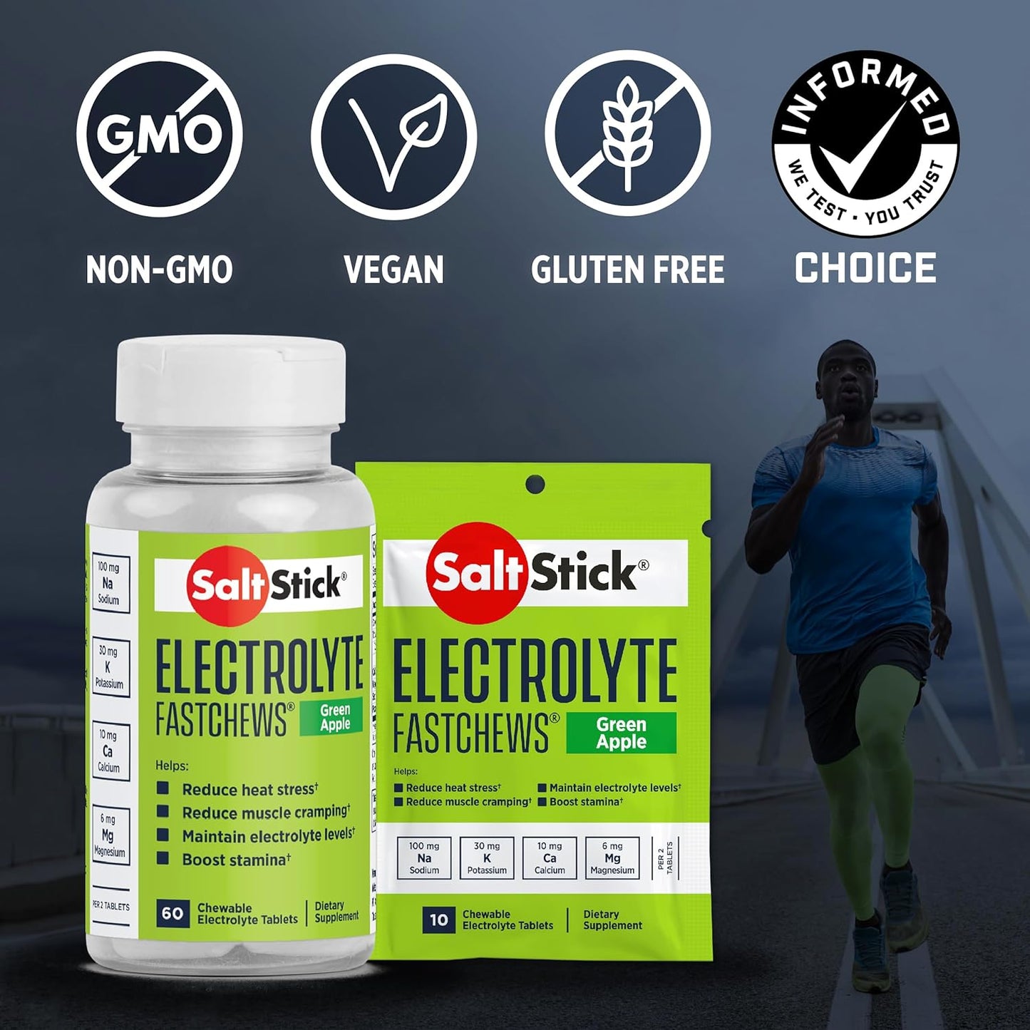 Fastchews Chewable Electrolyte Tablets | 60 Green Apple Electrolyte Chews | Salt Tablets for Runners, Sports Nutrition Supplements for Hydration, Running Chews | 60 Chewable Tablets