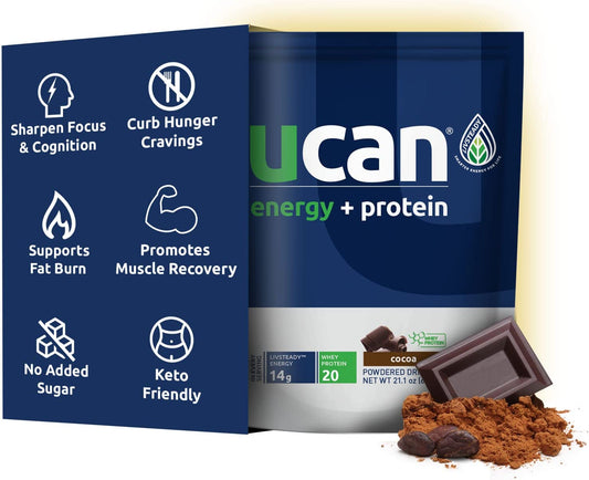 Energy + Whey Protein Powder - 19G per Serving with Amino Acids Eaas & Bccas - Keto Protein Powder - No Added Sugar, Gluten-Free - Cocoa - 12 Servings