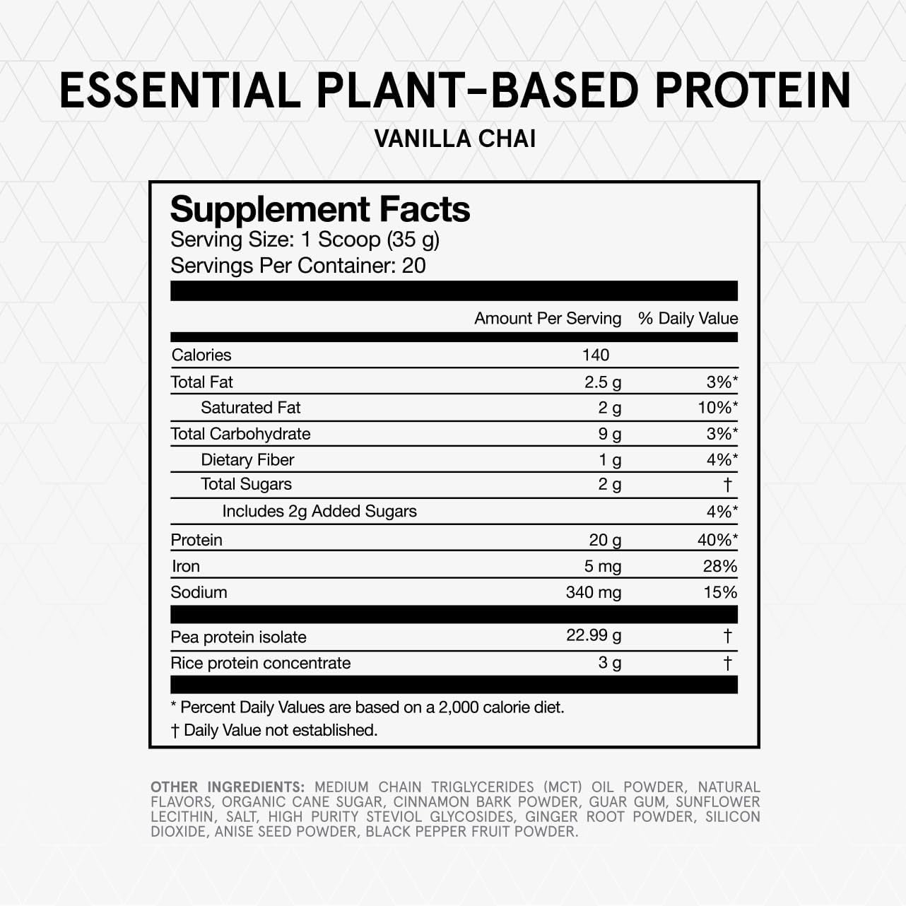 Essential Plant-Based Pea and Rice Protein Powder, Vegan, Gluten-Free, Non-Gmo, NSF Certified, All Day Essential Use Protein Powder for Men and Women (Vanilla Chai, Bag)