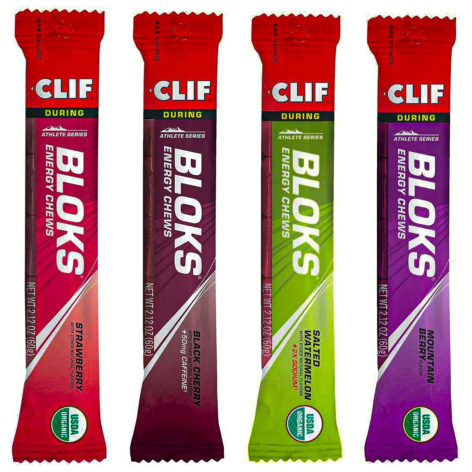 Energy Chews - CLIF BLOKS - 4 Flavor Variety Pack - Mountain Berry - Salted Watermelon - Black Cherry - Strawberry - Non-Gmo - Plant Based Food - Fast Fuel for Cycling and Running - Workout Snack (2.1 Ounce Packet, 4 Count)