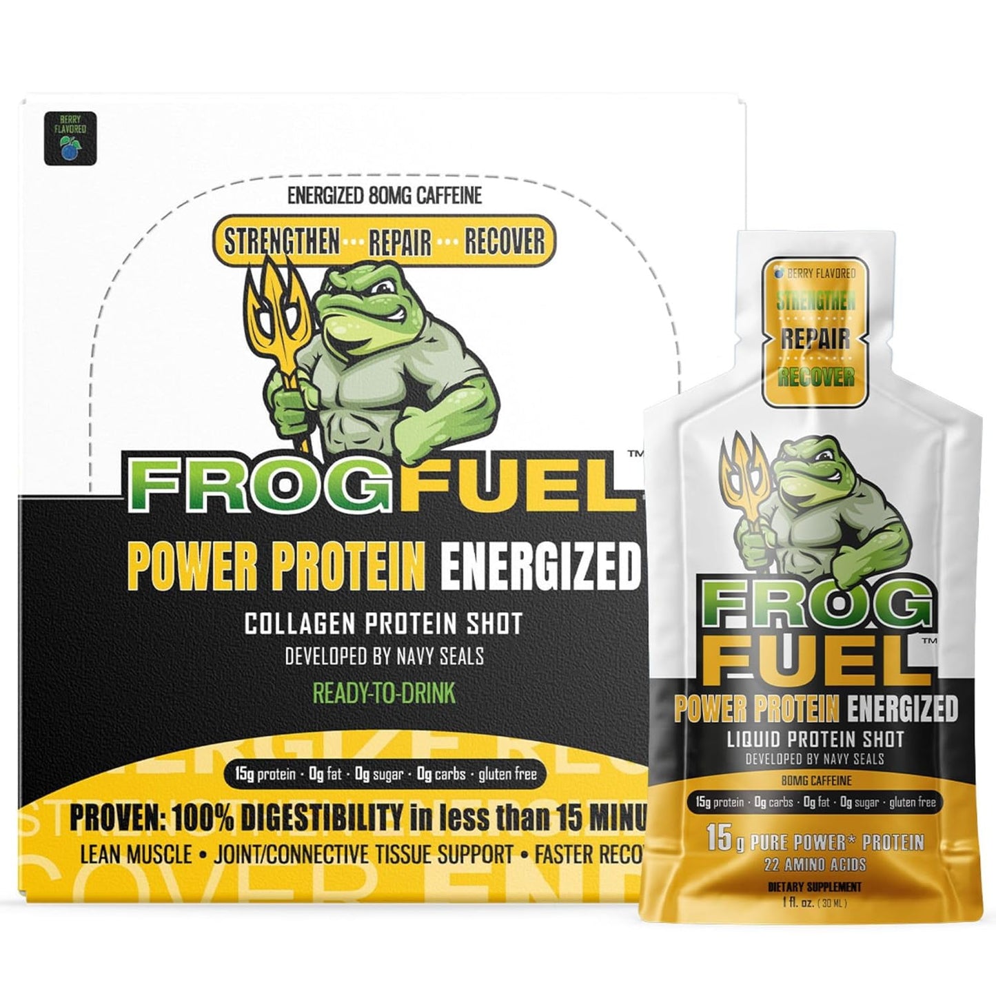 Power Energized Complete Protein Shot, 15G Protein Nano-Hydrolyzed Grass Fed Collagen, 80Mg Caffeine, Gluten Free, Fat & Sugar Free, 22 Amino Acids, 0 Carbs, Berry, 1 Oz Packets, 24 Pack