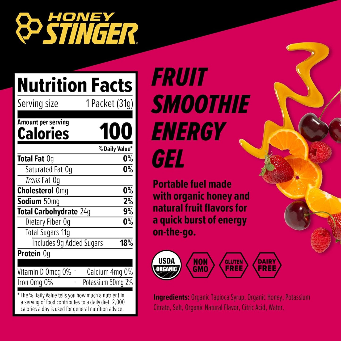 Organic Fruit Smoothie Energy Gel | Gluten Free & Caffeine Free | for Exercise, Running and Performance | Sports Nutrition for Home & Gym, Pre and Mid Workout | 12 Pack, 13.2 Ounce