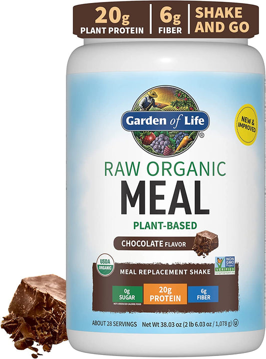 Raw Organic Meal Replacement Shakes - Chocolate Plant Based Vegan Protein Powder, Pea Protein, Sprouts, Greens, Probiotics, Dairy Free All in One Shake for Women and Men, 28 Servings