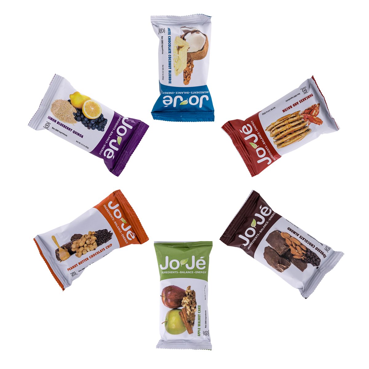 Alete Active Nutrition JoJe´ Bars gluten-free energy bars with peanut butter and chocolate chips in a box of 12 mixed flavors.