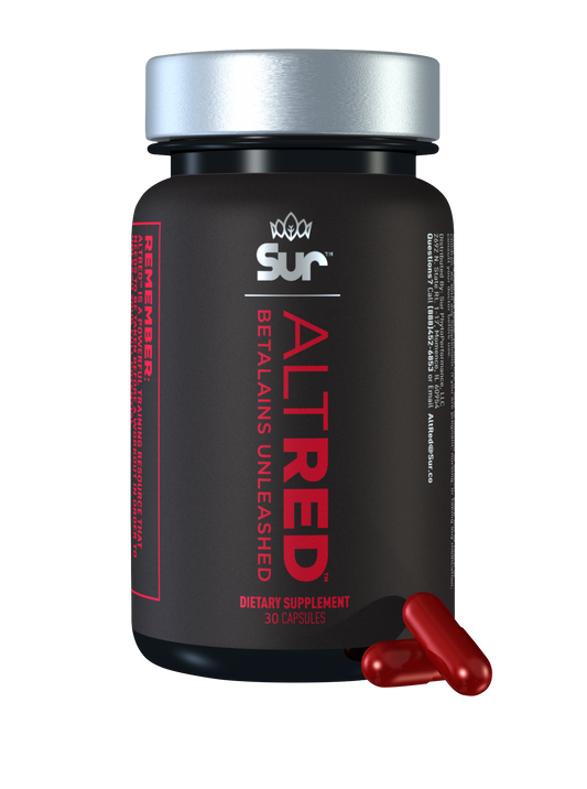 AltRed endurance supplement capsules with betalains for improved athletic performance and recovery, featuring vibrant packaging.