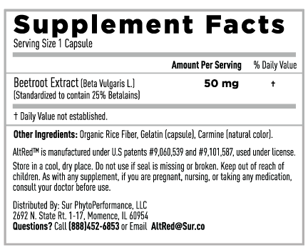 AltRed Betalains Endurance Supplement by Sur PhytoPerformance, 30 capsules, designed to boost athletic endurance and recovery.