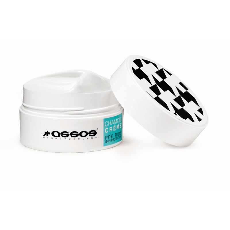Assos Skin Care Chamois Cream 200ml jar with white label, designed for comfort and skin protection during cycling.