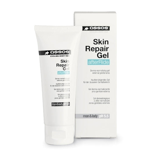 Assos Skin Care Skin Repair Gel in a clear tube, showing the soothing gel formula for skin healing and hydration.