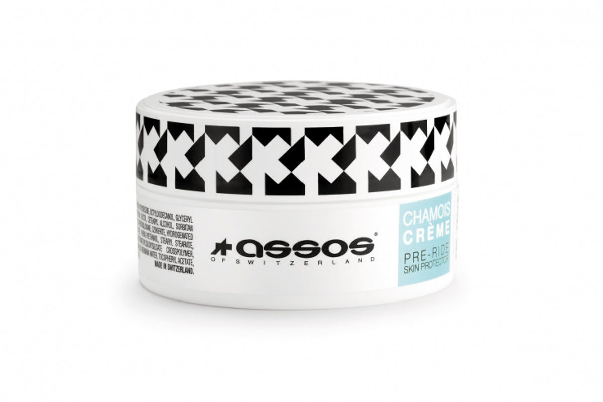 ASSOS Chamois Cream in a 200ml jar, designed for anti-chafe body care for cyclists.