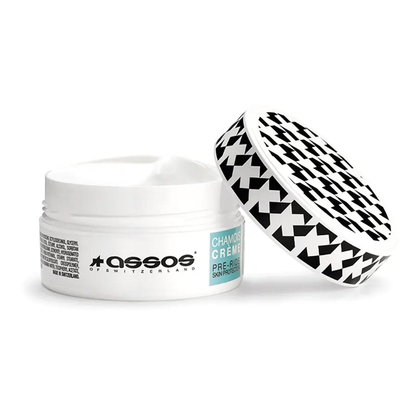 ASSOS Chamois Cream in a 200ml jar, ideal for preventing chafing during cycling, with a smooth, creamy texture.