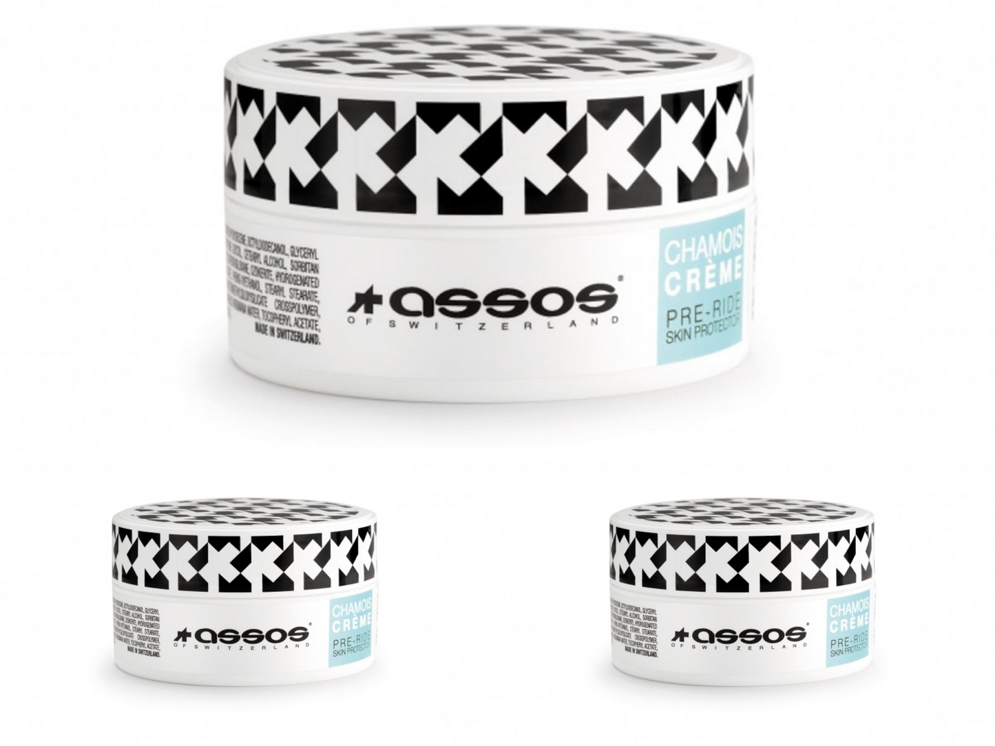 Assos Chamois Creme 200 ml jar, anti-friction body care cream, pack of 3, suitable for cyclists.