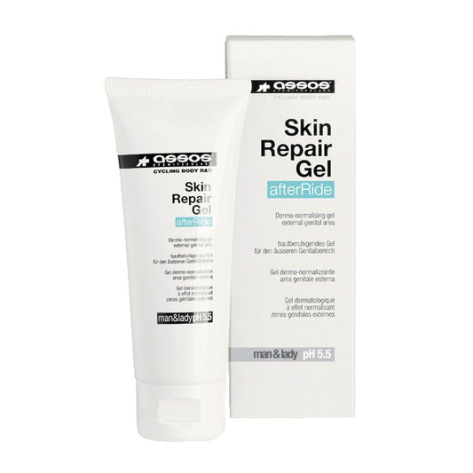 Assos Skin Repair Gel 75ml from Assos Switzerland, natural body moisturizer for normal skin, in a clear tube with white cap.