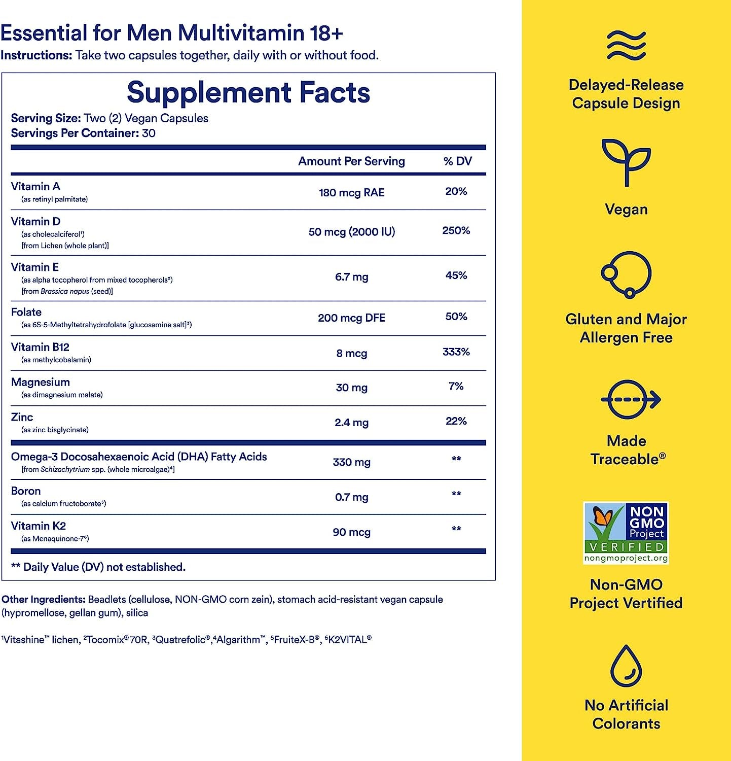 Multivitamin for Men 18+ with Zinc, Vitamin a and D3 for Immune Function Support*, Omega-3 DHA, B12, K2, Gluten Free, Non-Gmo, Mint Essenced, 30 Day Supply, 60 Vegan Capsules