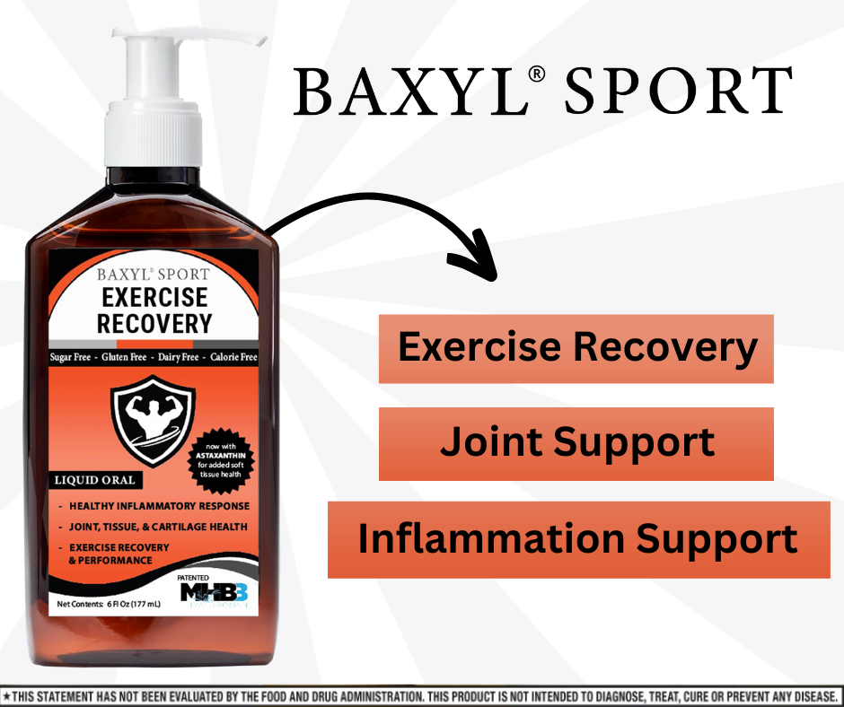 Baxyl® Sport joint and recovery supplement bottle with a green label, designed for exercise recovery support.