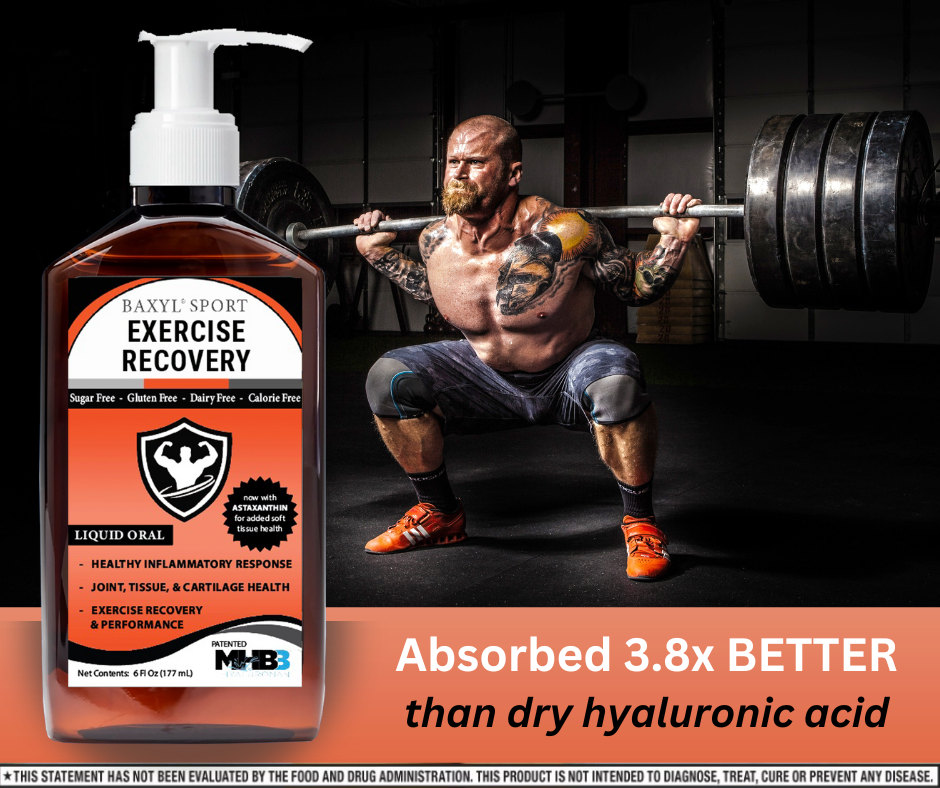 Baxyl® Sport joint and recovery supplement, featuring a sleek bottle design for exercise recovery support.
