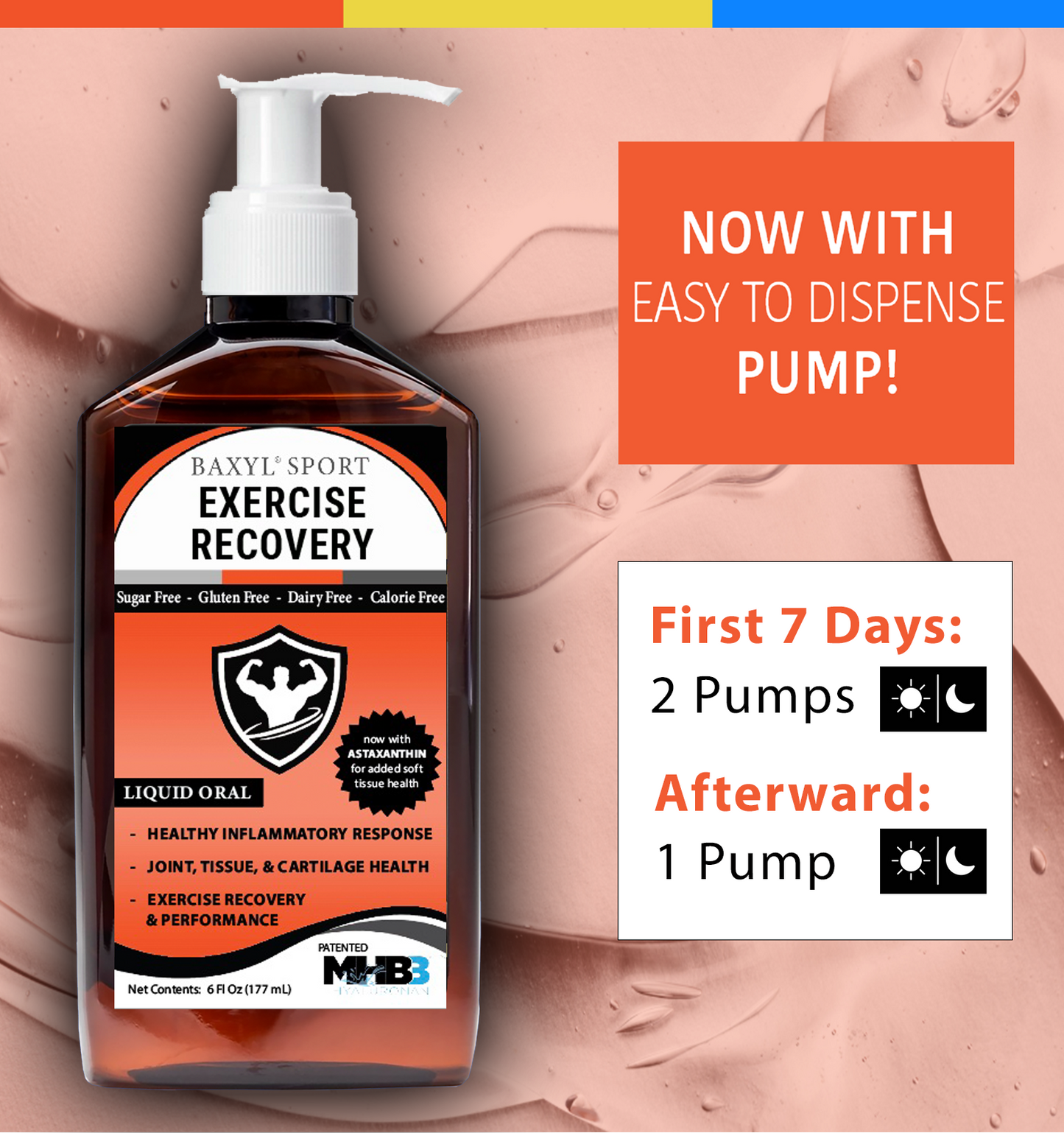 Baxyl® Sport joint and recovery supplement dosing instructions on a label, featuring clear dosage information.