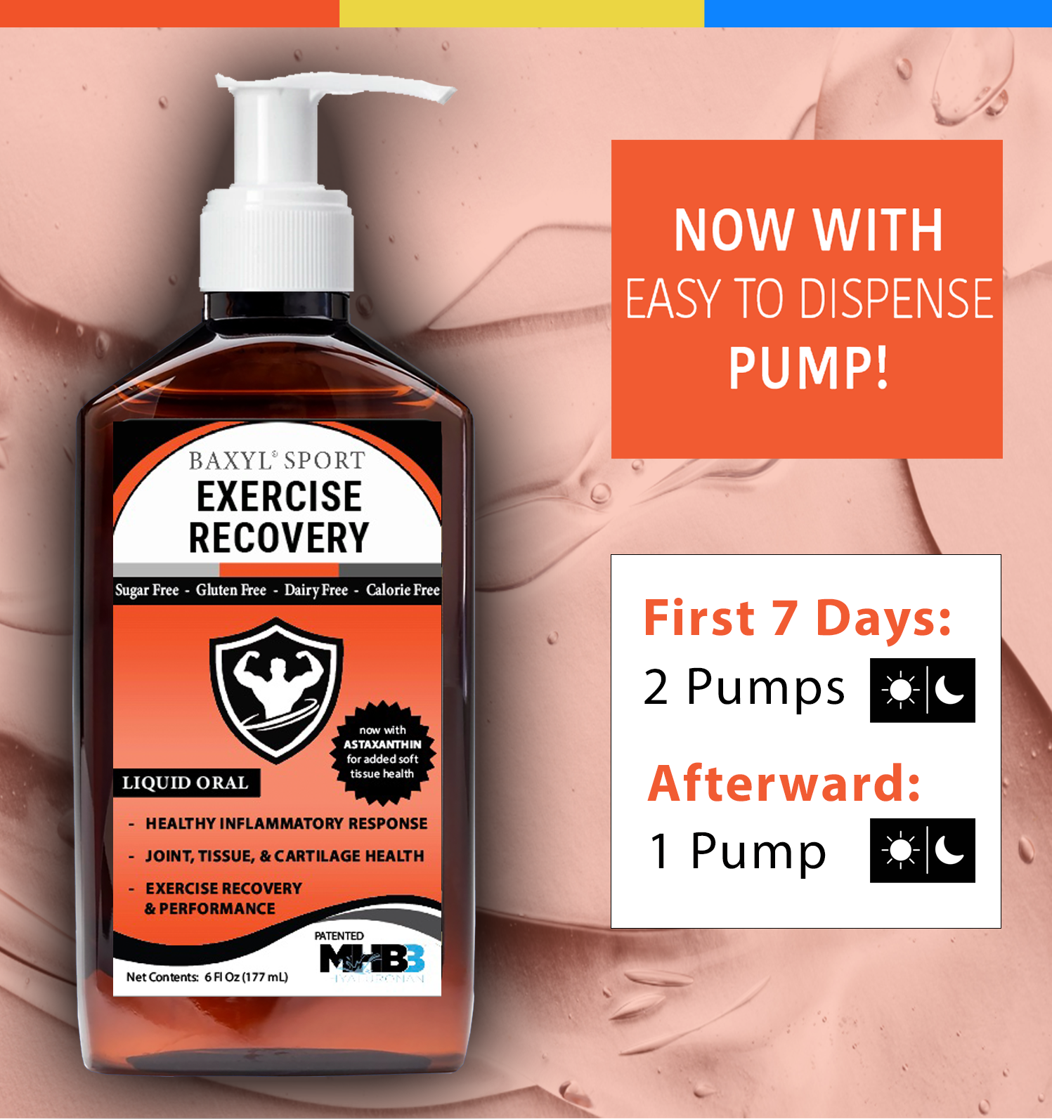 Baxyl® Sport joint and recovery supplement dosing instructions on a label, featuring clear dosage information.