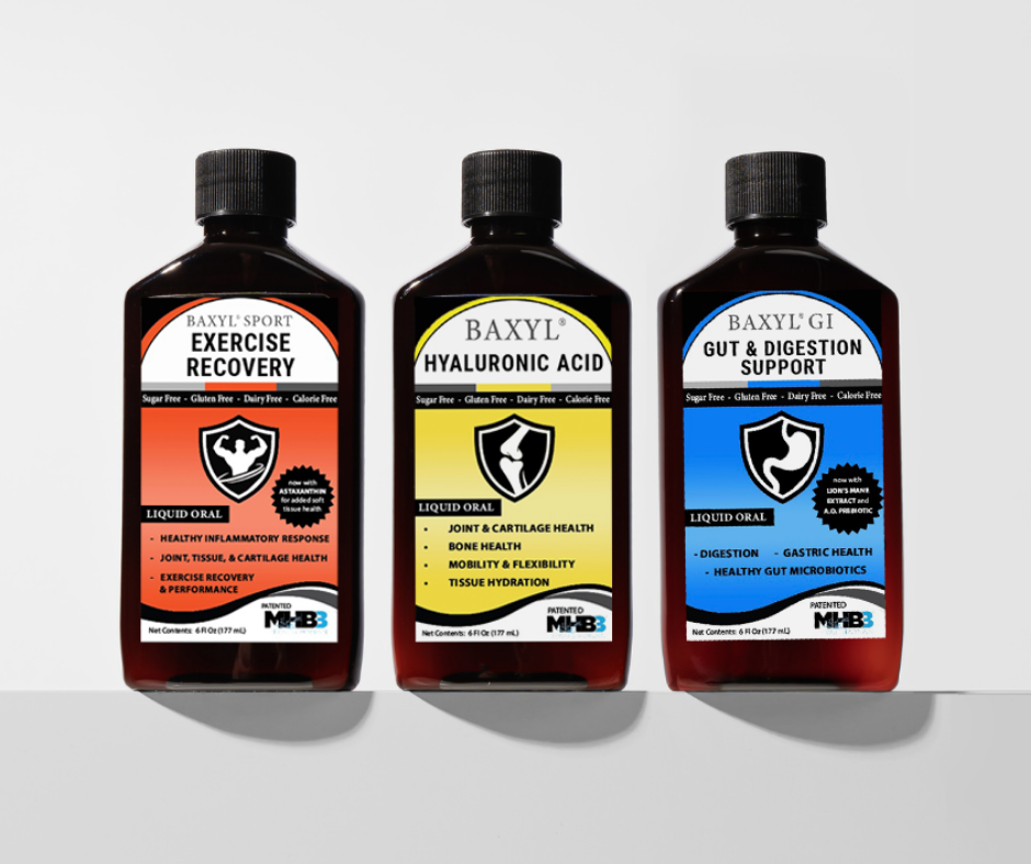 Baxyl® Sport joint and recovery supplement bottle with a sleek design for exercise recovery.