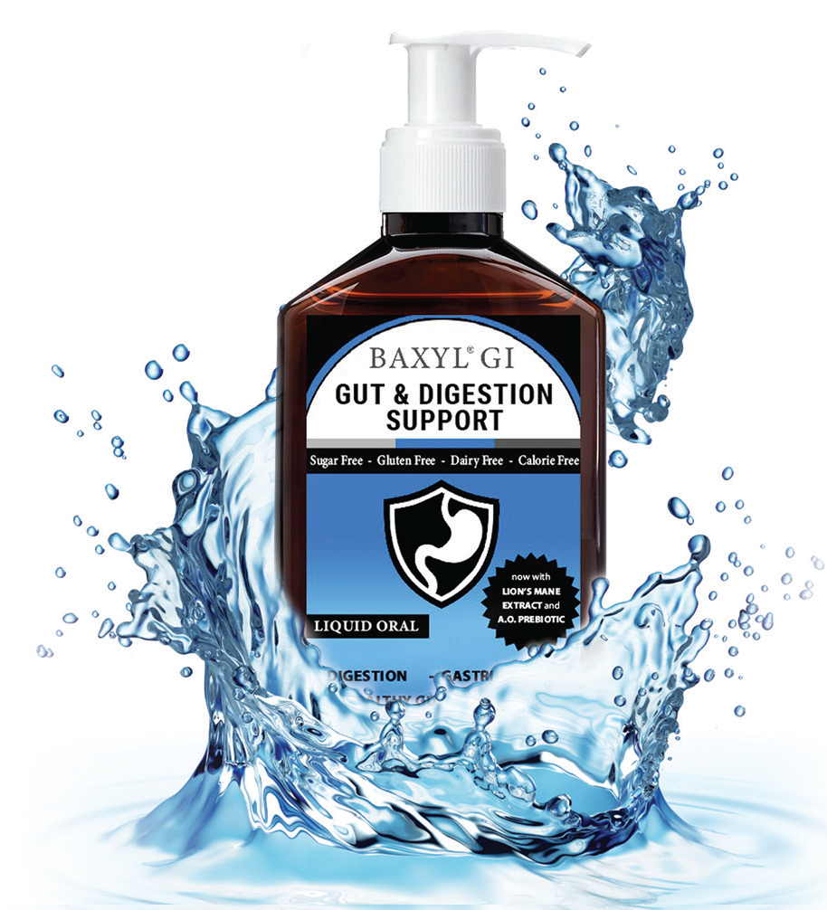 Baxyl GI Joint and Digestive Support supplement bottle with label showing gut health and digestive support features.