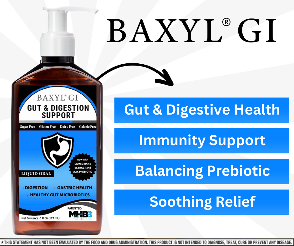 Baxyl GI Joint and Digestive Support supplement bottle showing the label with product name and Baxyl branding.