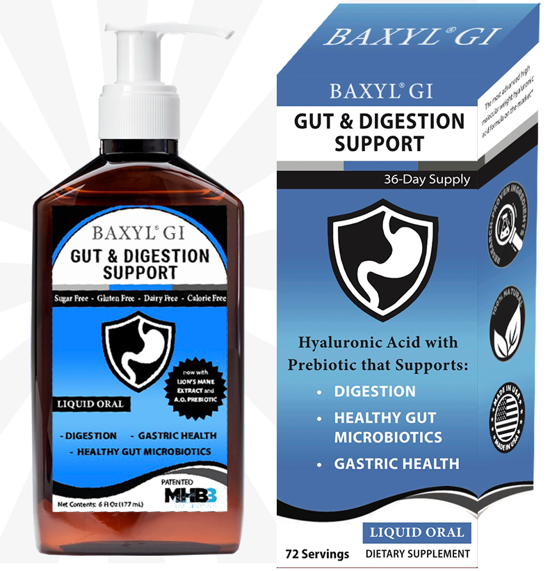 Baxyl GI - Gut and Digestive Support supplement bottle with label and capsules for joint and digestive health.