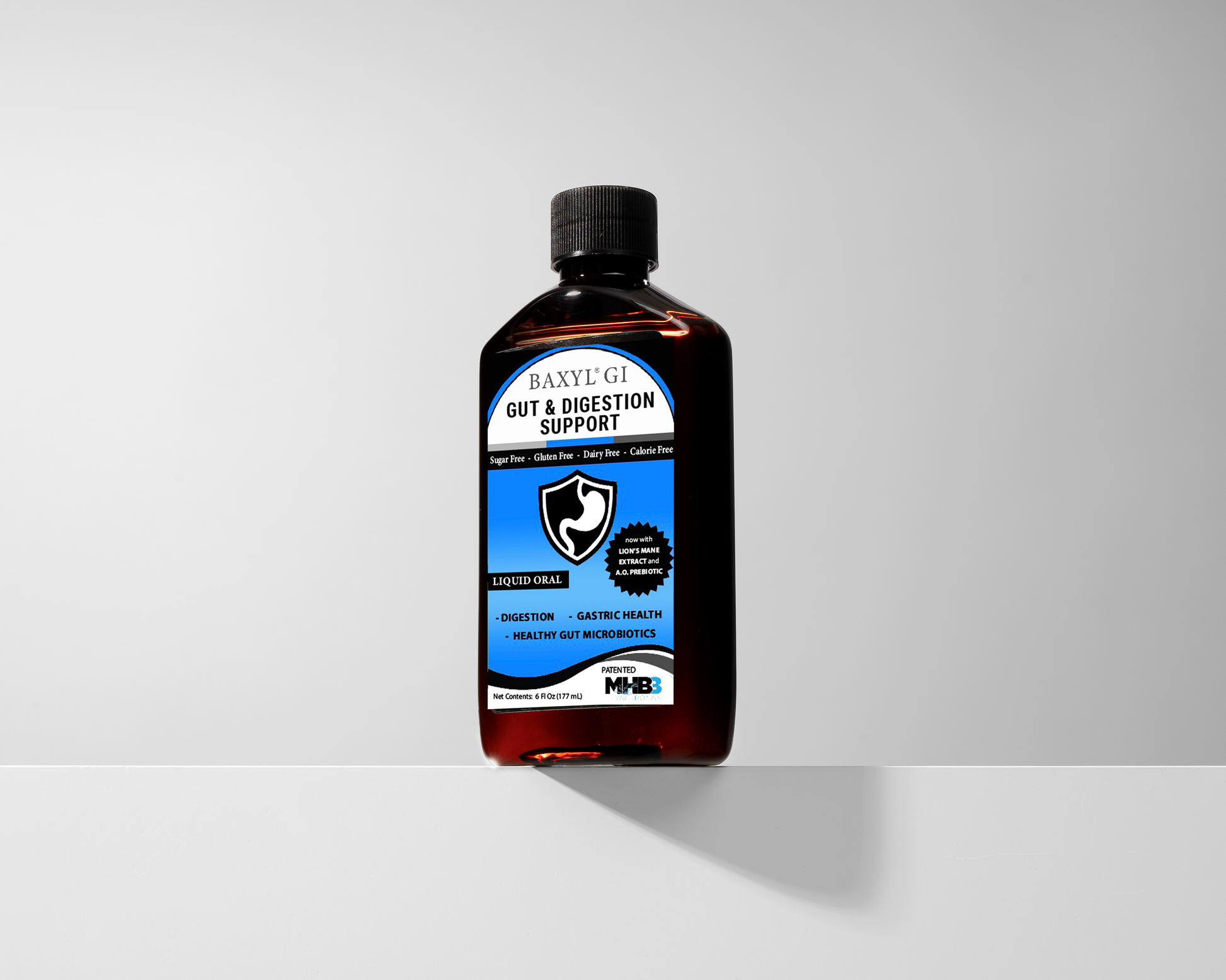 Baxyl GI joint and digestive support supplement bottle with label showing gut health ingredients.