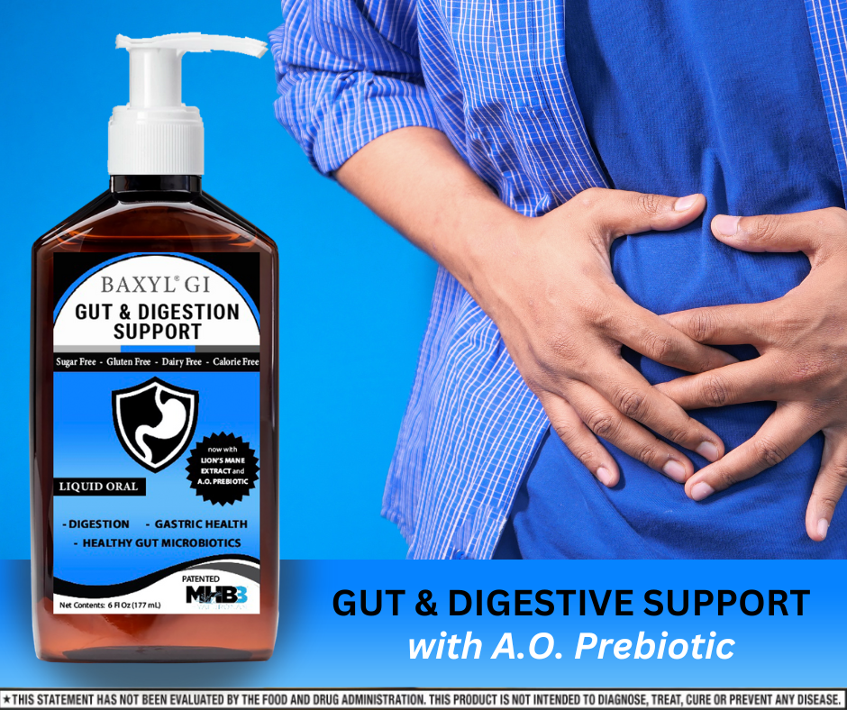 Baxyl GI Joint and Digestive Support supplement bottle with label showing product name and health benefits.