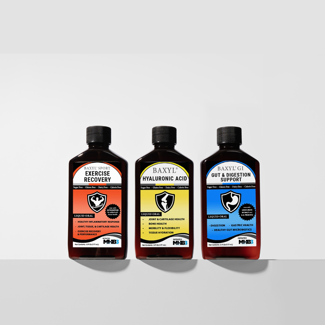 Baxyl GI joint and digestive support supplement bottle with label showing gut and digestive health benefits.