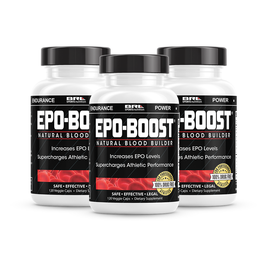 Three bottles of EPO-Boost Natural Blood Builder & EPO Stimulator by BRL Sports displayed together on a white background.