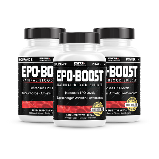 BRL Sports EPO-BOOST natural blood builder and EPO stimulator 3-pack, showing supplement bottles with labels and branding.
