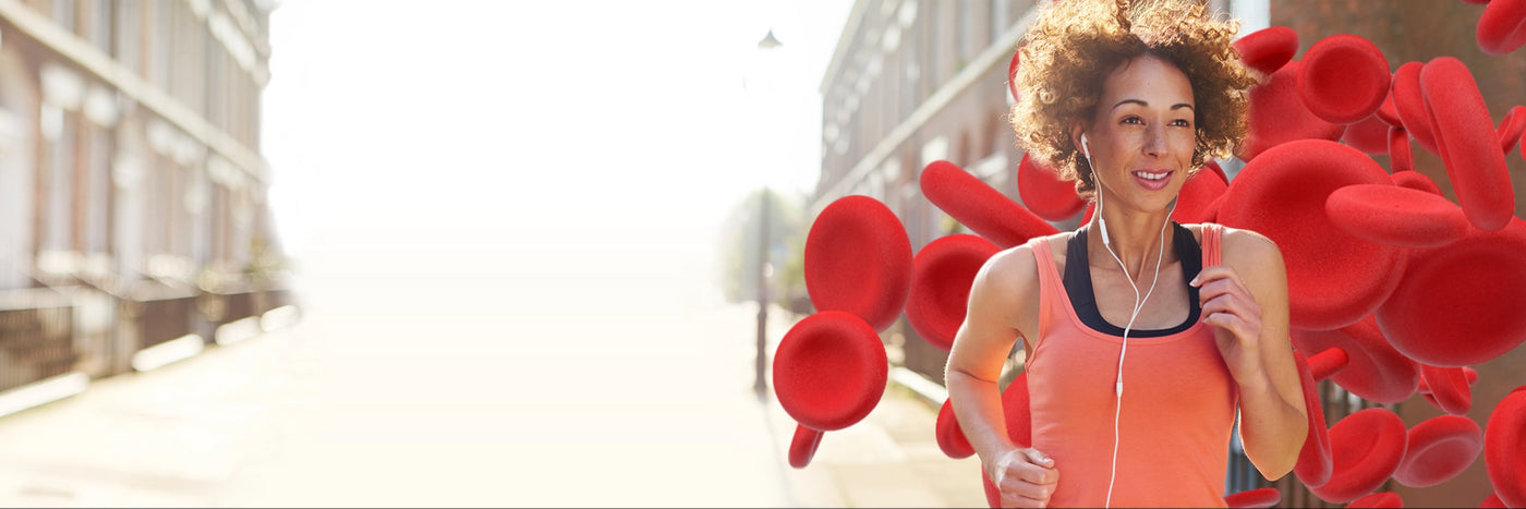 Female jogger using BRL Sports EPO-BOOST natural blood builder and EPO stimulator in an outdoor setting.