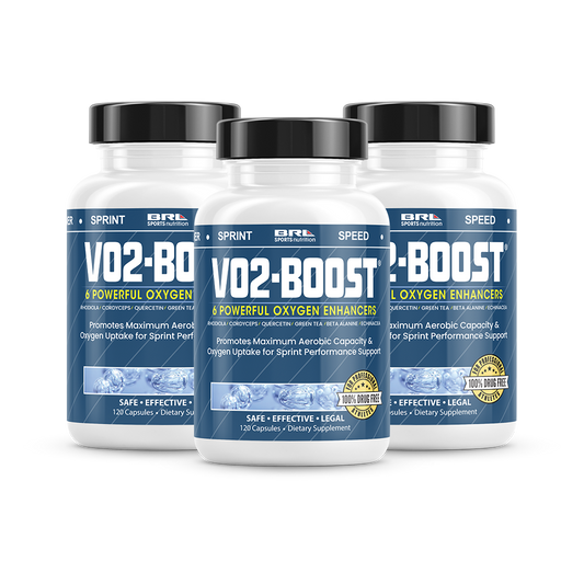 BRL Sports VO2-Boost Sports Performance Enhancer three bottles in a pack, showcasing vibrant packaging design.