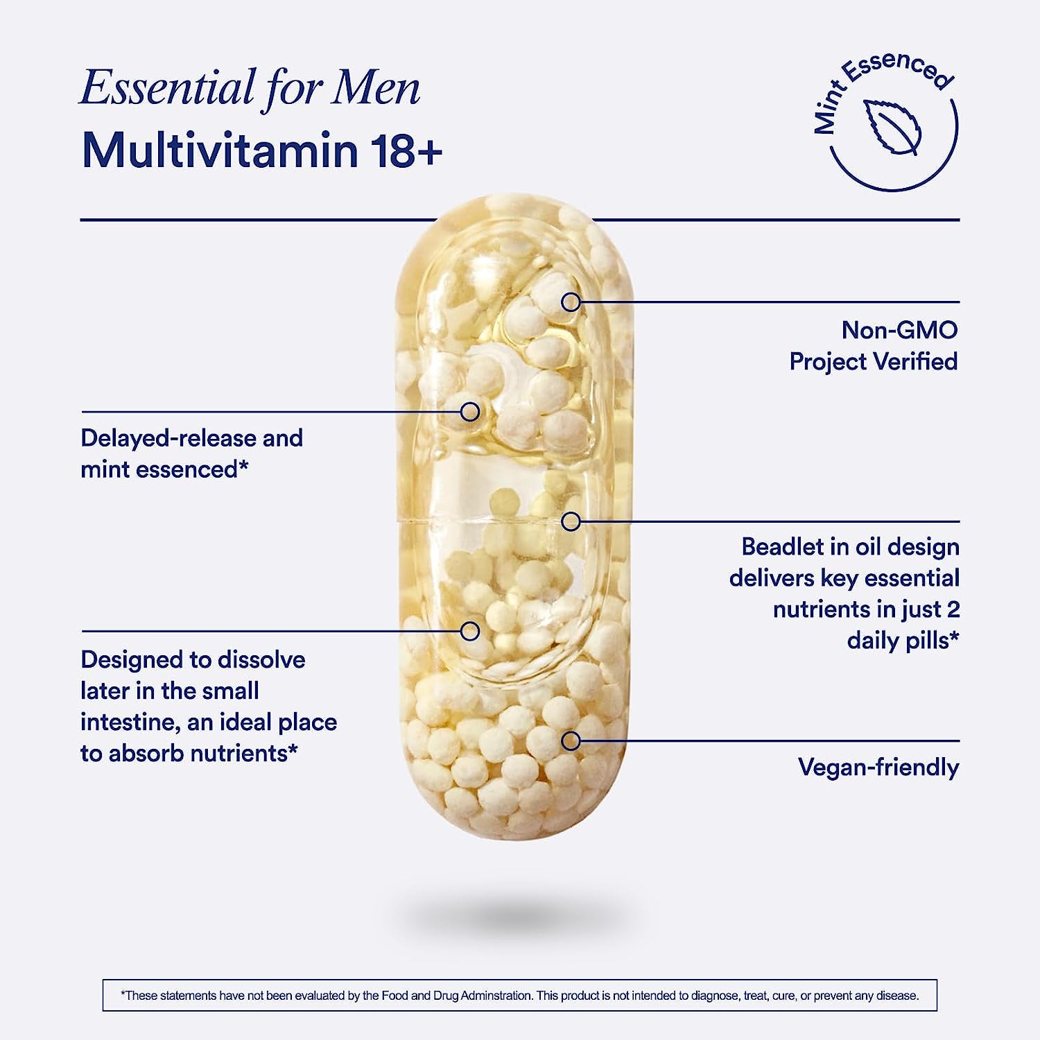 Multivitamin for Men 18+ with Zinc, Vitamin a and D3 for Immune Function Support*, Omega-3 DHA, B12, K2, Gluten Free, Non-Gmo, Mint Essenced, 30 Day Supply, 60 Vegan Capsules