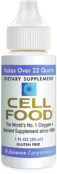 Cellfood Oxygen & Nutrient Formula 1 fl oz bottle by NuScience, featuring a sleek design and clear liquid inside.