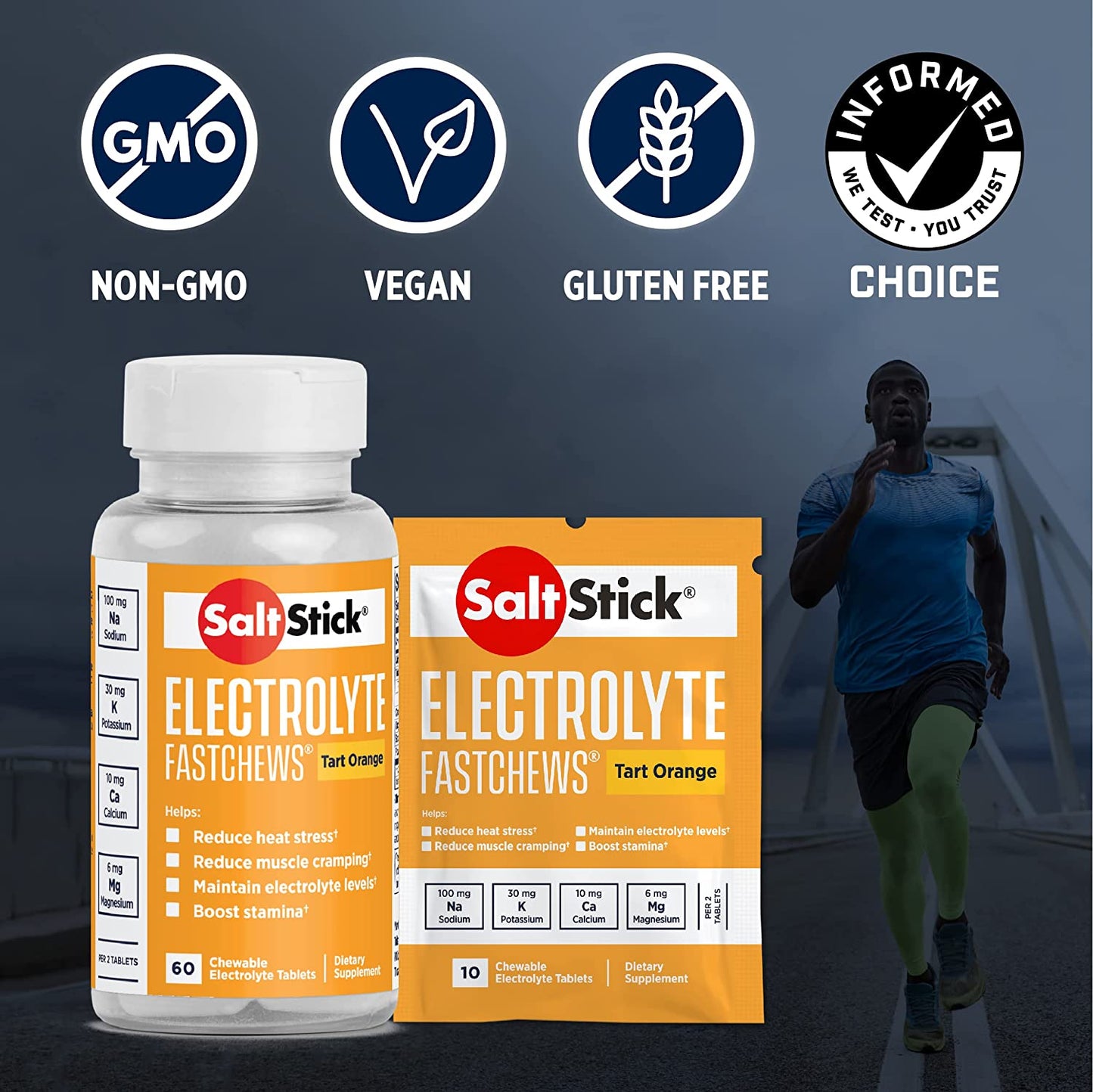 Electrolyte Fastchews Chewable Tablets | 120 Count - Orange | Salt Tablets for Runners and Sports Nutrition, Hydration Tablets, Electrolyte Chews | 12 Packets, 10 Tablets Each