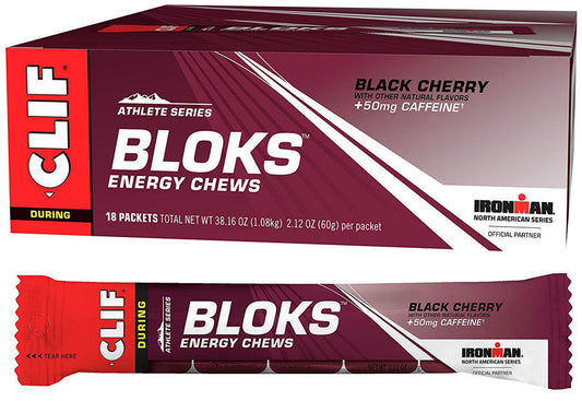 CLIF Bar Shot Bloks chews in a single sleeve, variety pack of 18, energy-boosting snack for active lifestyles.