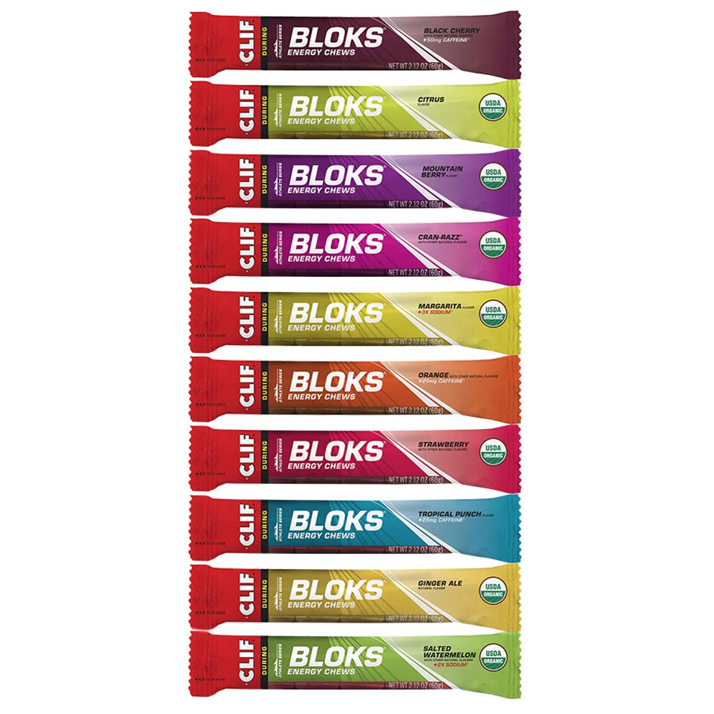 CLIF Bar Shot Bloks chews in a single sleeve pack of 18, showcasing colorful energy chews for athletes and active lifestyles.