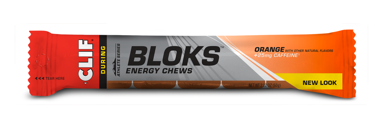 Clif Shot Bloks electrolyte chews in orange, 2.1oz pack of 6, displayed on a white background.