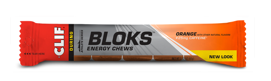 Clif Shot Bloks electrolyte chews in orange, 2.1oz pack of 6, displayed on a white background.