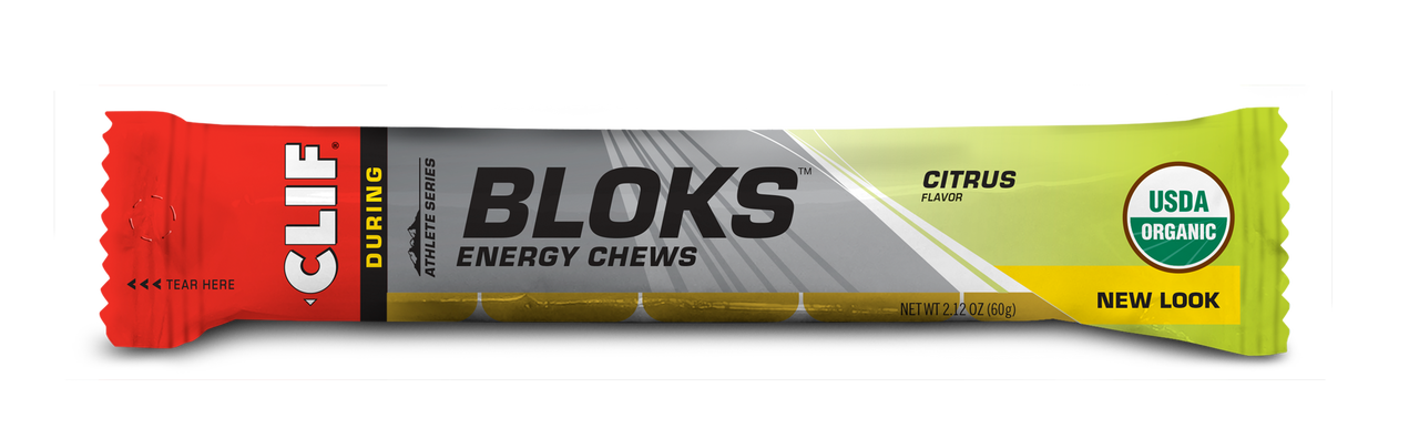 Six 2.1oz packs of Clif Shot Bloks electrolyte chews by Clif Bar, showing colorful fruit-flavored energy chews.