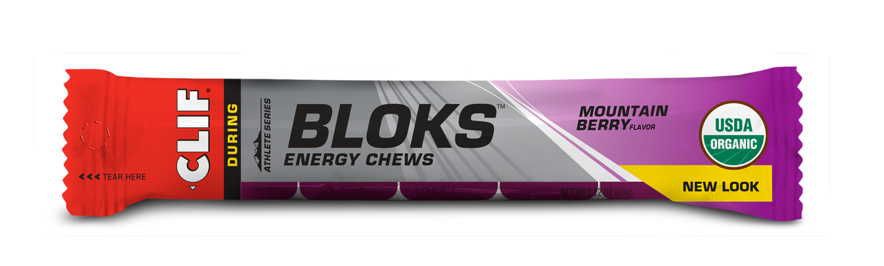 Six 2.1oz packs of Clif Bar Clif Shot Bloks electrolyte chews with colorful fruit flavors in resealable packs.
