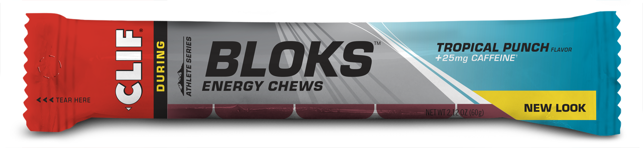 Six 2.1oz packs of Clif Shot Bloks electrolyte chews by Clif Bar, showing colorful fruit-flavored energy chews in resealable packs.