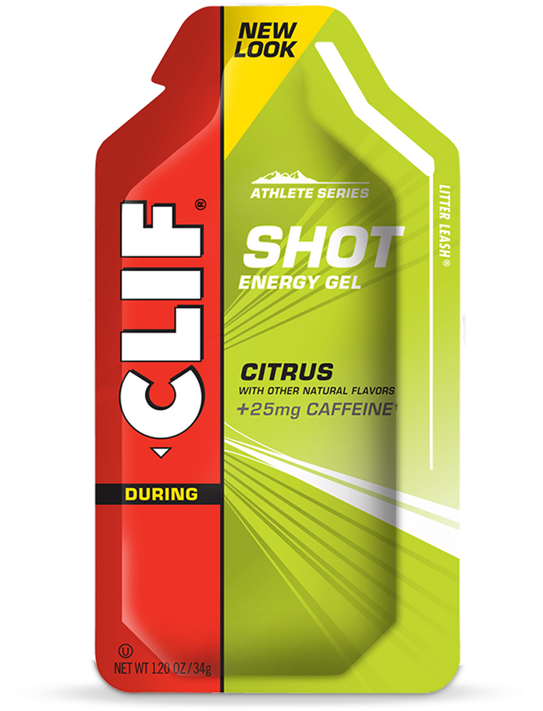 Six Clif Bar Clif Shot Gels and Turbo Shot packs, energy gels for athletes, in colorful packaging.
