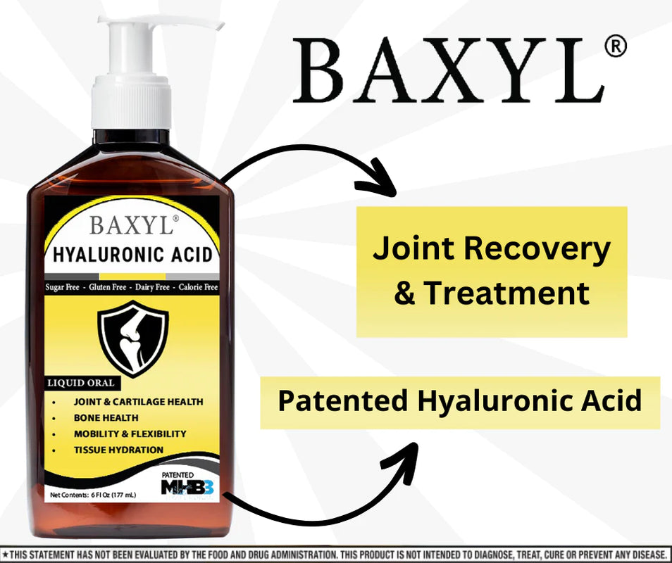 Baxyl liquid hyaluronic acid joint supplement by Cogent Solutions Group, vegan, gluten-free, non-GMO for joint relief.