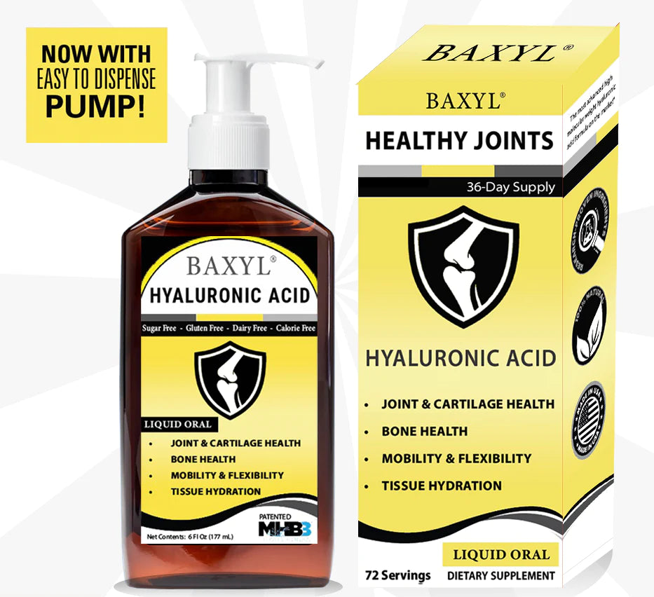 Baxyl liquid hyaluronic acid joint supplement by Cogent Solutions Group, vegan, gluten-free, non-GMO for joint relief.