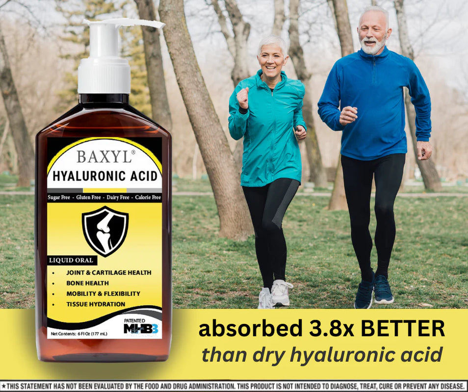 Baxyl liquid hyaluronic acid joint supplement by Cogent Solutions Group, vegan, gluten-free, non-GMO for joint health and relief.