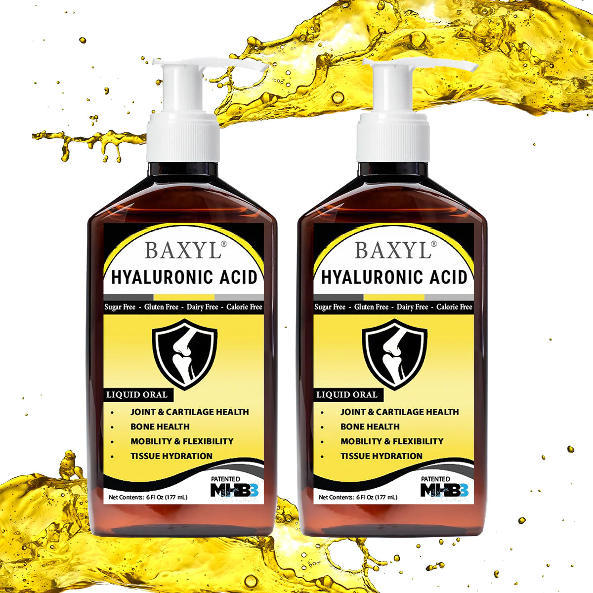Baxyl joint health supplement by Cogent Solutions Group, vegan gluten-free liquid hyaluronic acid for joint relief.