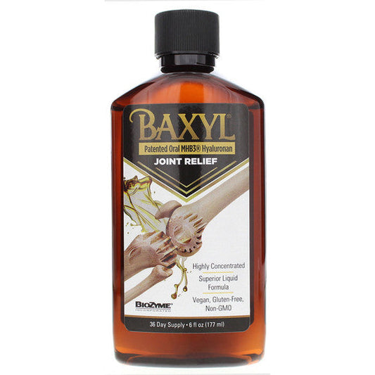 Baxyl Joint Relief supplement with hyaluronic acid by Cogent Solutions Group, showing the supplement bottle and tablets on a white background.
